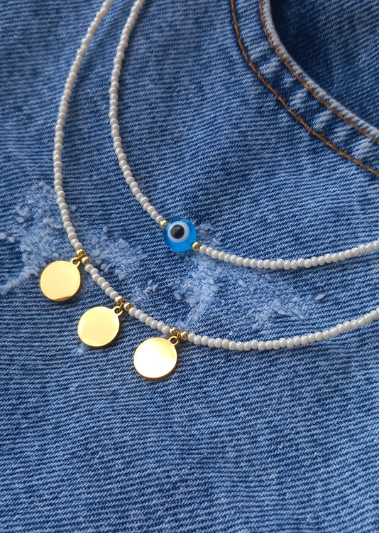 گردنبند زنانه منجوقی سفید با پلاک استیل