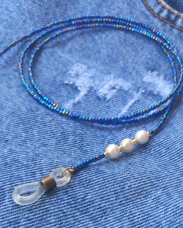 بند عینک زنانه مرواریدی آبی