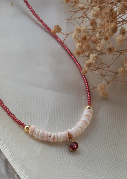 گردنبند زنانه صدف و منجوق صورتی