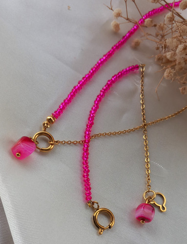 دستبند و گردنبند زنانه کریستالی صورتی