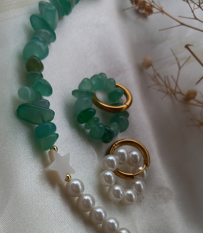 نیم ست گردنبند و گوشواره زنانه سنگ طبیعی اونتورین و مروارید