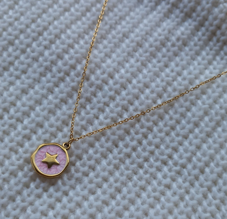 گردنبند زنانه صورتی استیل و مینا کاری