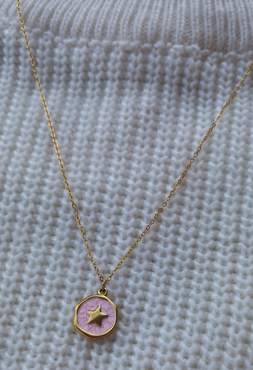 گردنبند زنانه صورتی استیل و مینا کاری طرح ستاره