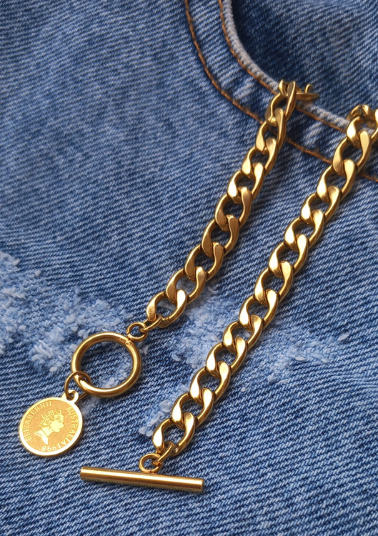 دستبند زنانه استیل کارتیه با قفل T و سکه الیزابت