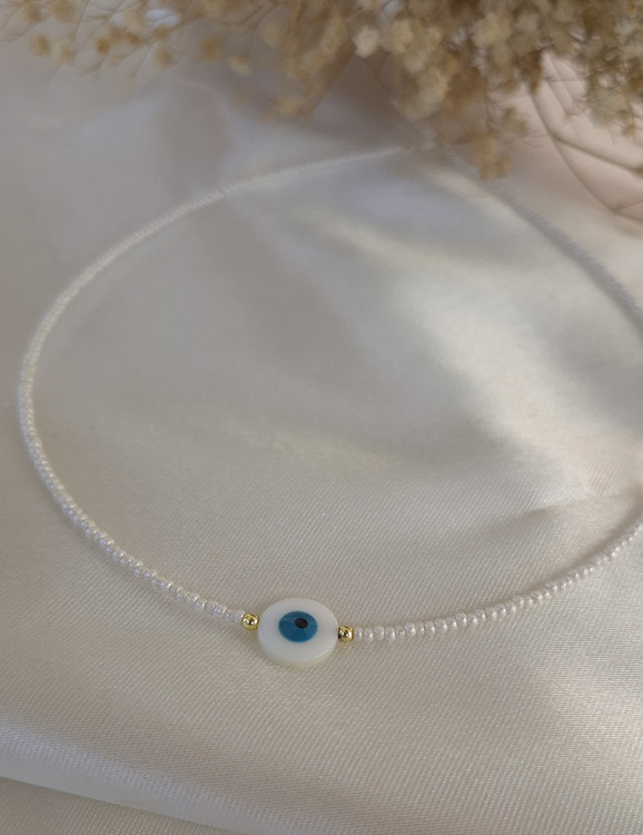گردنبند چشم نظر صدفی با مروارید های سفید