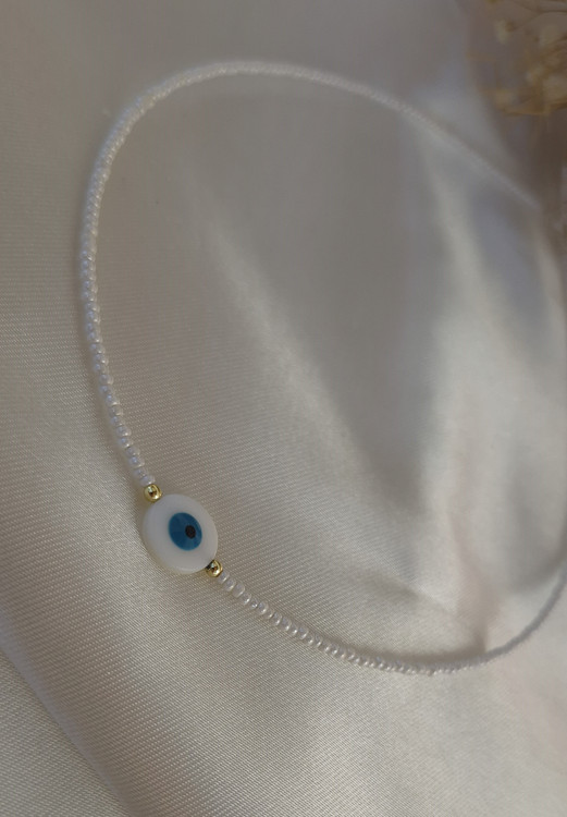 گردنبند تابستونه سفید با پلاک چشم نظر