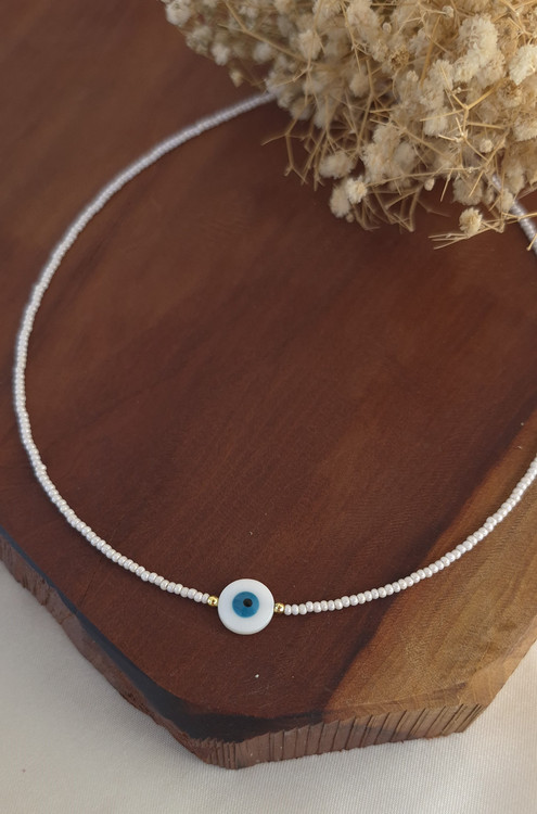 گردنبند زنانه سفید با پلاک چشم نظر